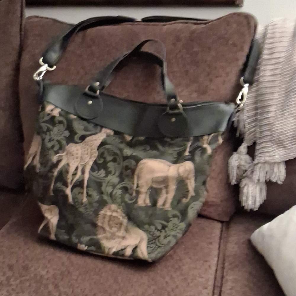CHRISTMAS SALE Large Elegant Green and Black Animal Print Tote Bag